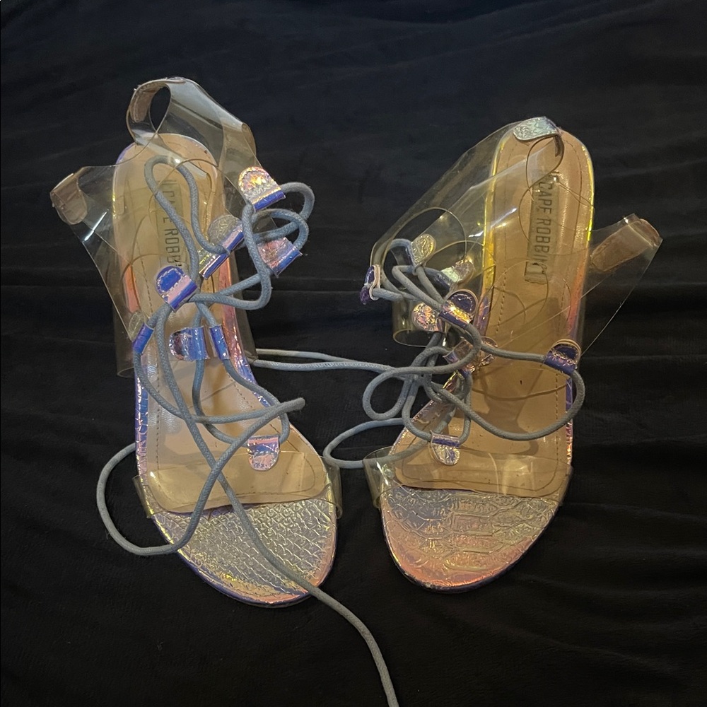 Cape Robbin Holographic Clear Lace-Up Sandals